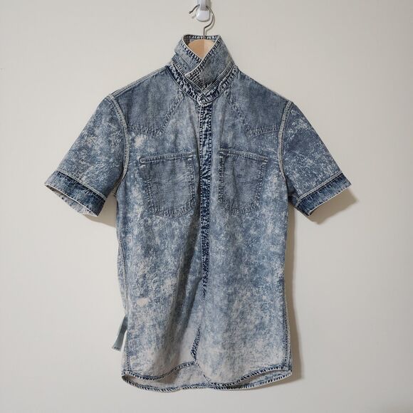 True Religion Mens Western Woven Shirt Short Sleeve Acid Wash Blue Denim Size S - Picture 4 of 12